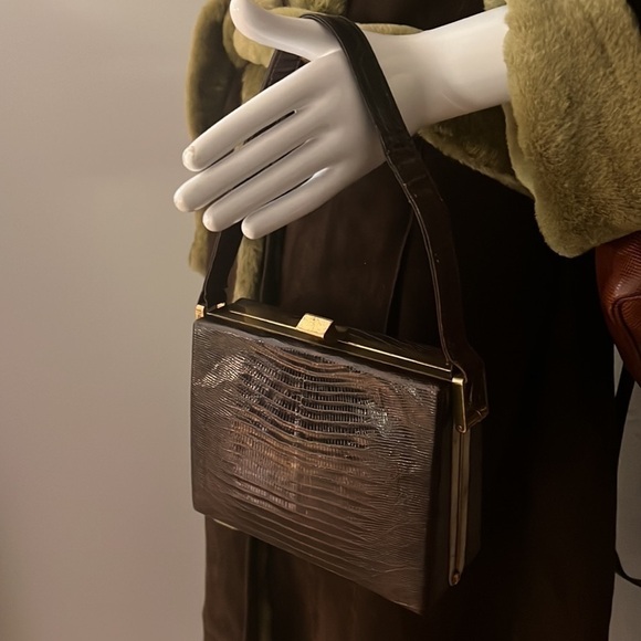 Harry Revits Lizard Reptile Dark Brown and Brass Structured Leather Box Handbag - Picture 12 of 13